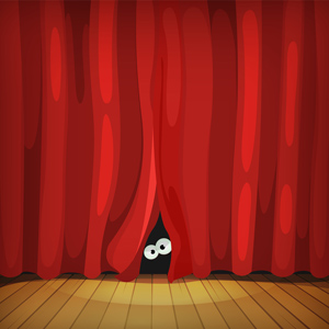 Illustration of funny cartoon human, creature or animal character's eyes hiding and looking from behind red curtains in theater wooden stage